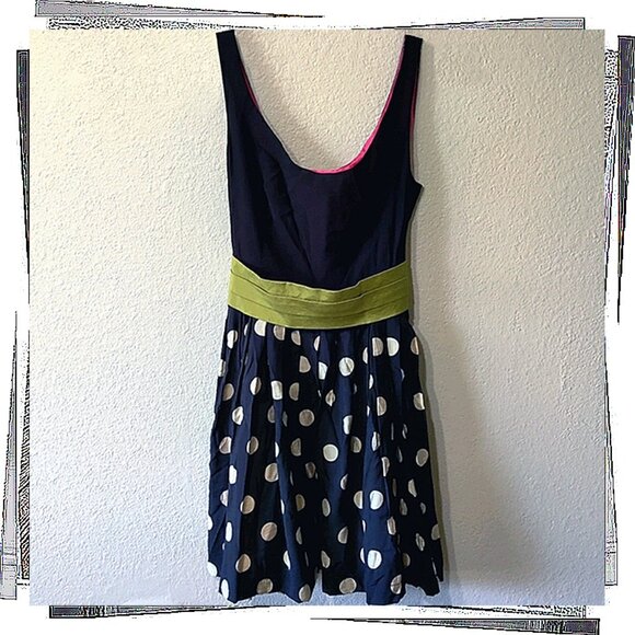 Vintage 2005 Dark Navy Dress w Cream Polka Dots, A Green Sash & Pink Lining (4) - Picture 4 of 5